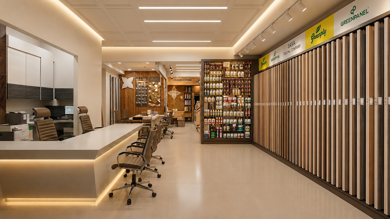 Inside the Shiva Trading Co. showroom, sample boards and finishes on display